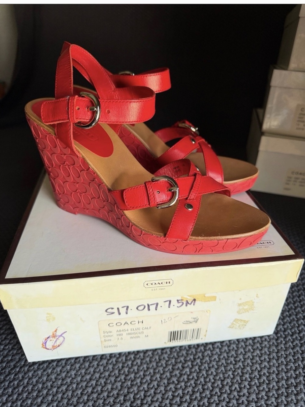 Coach Red Leather Logo-Embossed Wedge Sandals